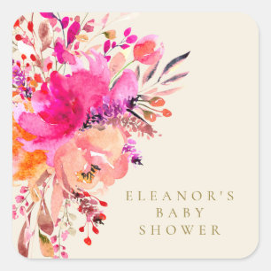Sticker Carré Élégant floral rose aquarelle Baby Shower Crème