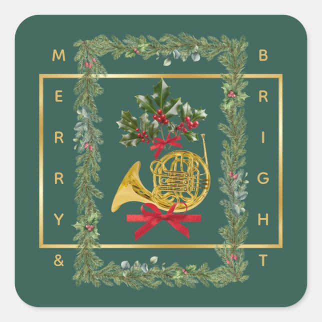 Sticker Carré Elegant French Horn Christmas Dark Green (Devant)