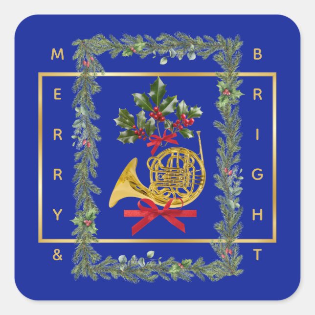Sticker Carré Elegant French Horn Christmas Royal Blue (Devant)