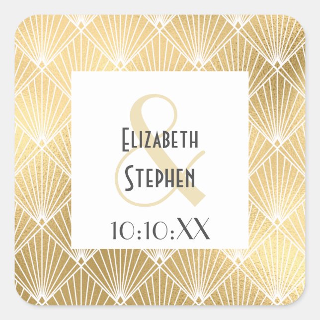 Sticker Carré Elégant Gatsby Art Déco White & Gold Mariage (Devant)