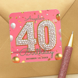 Sticker Carré Elégant Glam Chic Pink Gold Pearly 40th Birthday