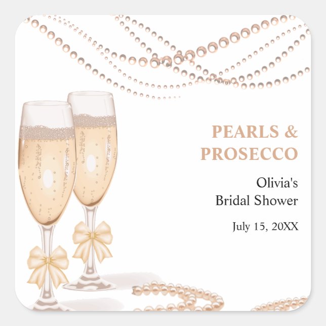 Sticker Carré Elegant Gold Bow Pearls and Prosecco Bridal Shower (Devant)