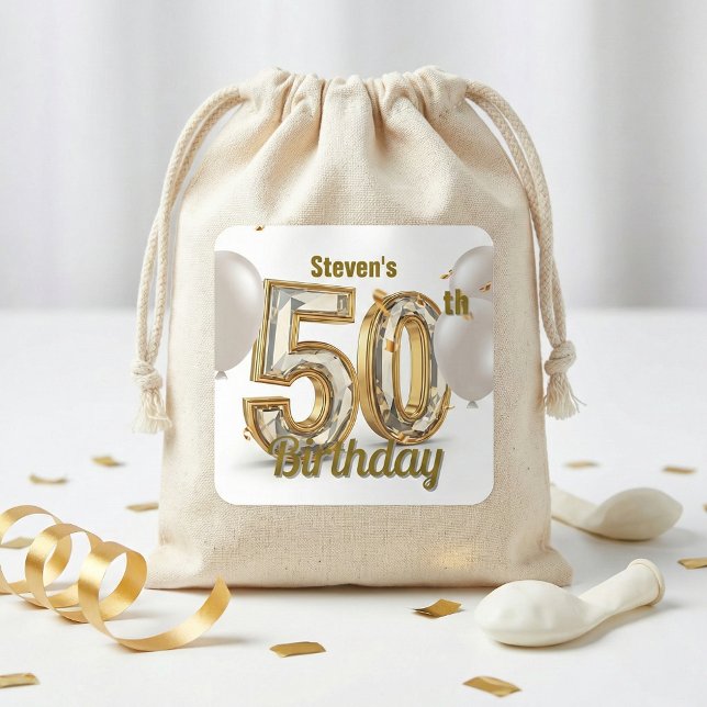 Sticker Carré Elegant Gold Diamond 50th Birthday Party Balloons (Créateur téléchargé)