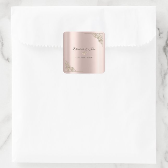Sticker Carré Elegant Gold Hearts Rose Gold Wedding  (Sac)