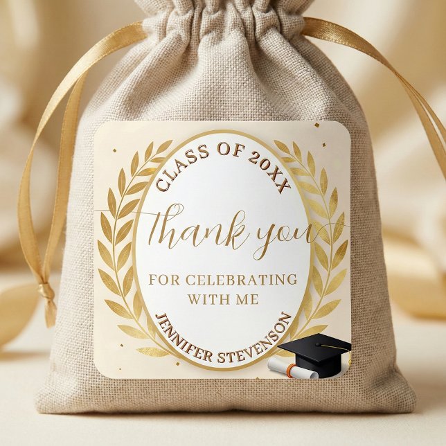 Sticker Carré Elegant Gold Laurel Wreath Graduation Thank You (Créateur téléchargé)