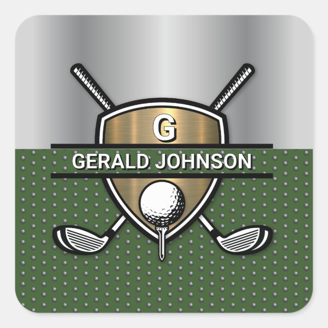 Sticker Carré Elégant Gold Shield Golf Monogramme Design (Devant)