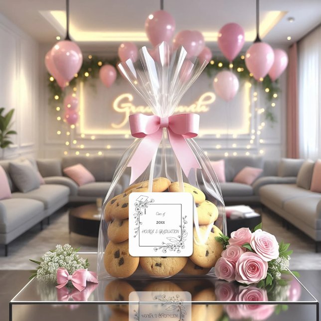 Sticker Carré Elégant Graduation Bordure florale noire et blanch (Créateur téléchargé)