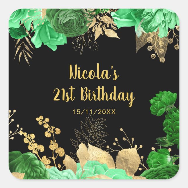 Sticker Carré Elegant Green and Gold Flowers Birthday Party (Devant)