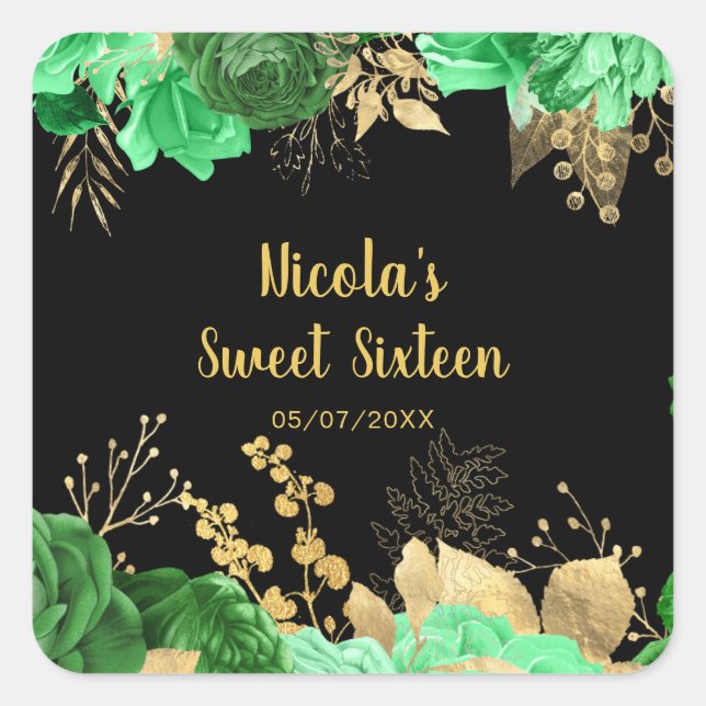 Sticker Carré Elegant Green and Gold Flowers Sweet Sixteen (Devant)