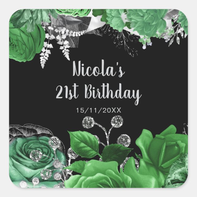 Sticker Carré Elegant Green and Silver Flowers Birthday Party  (Devant)