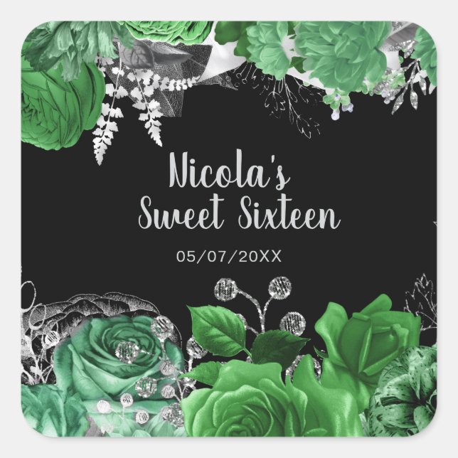 Sticker Carré Elegant Green and Silver Flowers Sweet Sixteen  (Devant)
