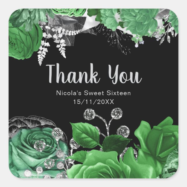 Sticker Carré Elegant Green and Silver Flowers Sweet Sixteen  (Devant)