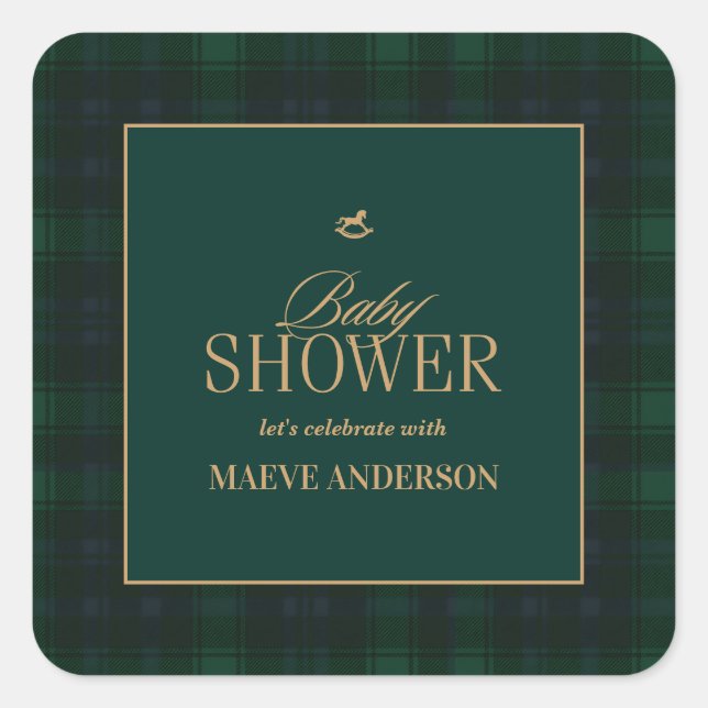 Sticker Carré Elegant Green navy gold Plaid tartan Baby shower (Devant)