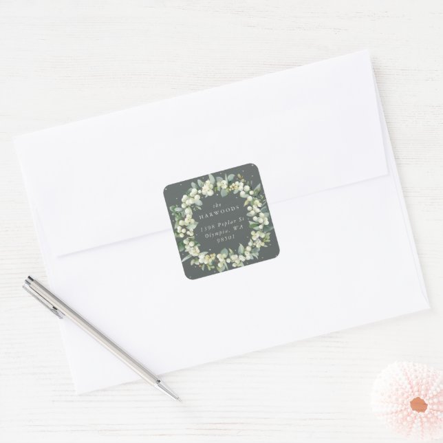 Sticker Carré Elegant Green Snowberry+Eucalyptus Wreath Adresse (Enveloppe)