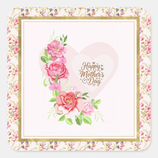 Sticker Carré Elegant Heart Happy Mother’s Day – Rose Floral (Devant)