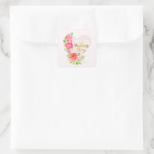Sticker Carré Elegant Heart Happy Mother’s Day – Rose Floral (Sac)