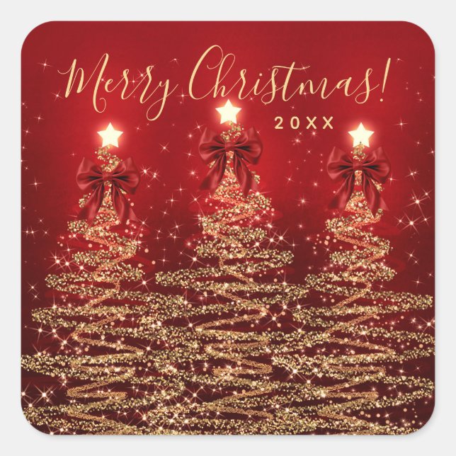 Sticker Carré Elegant Holiday Gold Red Christmas Trees w/ Bows (Devant)