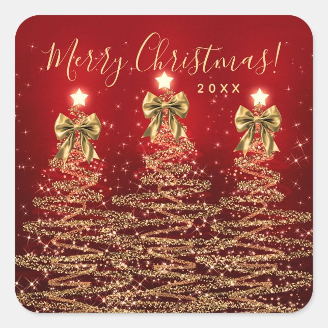 Sticker Carré Elegant Holiday Gold Red Christmas Trees w/ Bows (Devant)