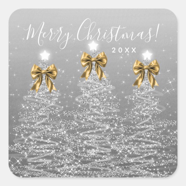 Sticker Carré Elegant Holiday Silver Christmas Trees Gold Bows (Devant)