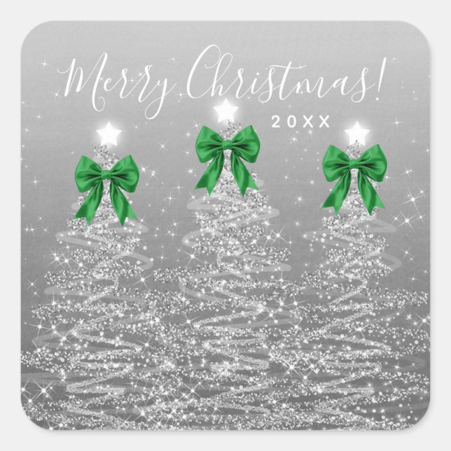 Sticker Carré Elegant Holiday Silver Christmas Trees Green Bows (Devant)