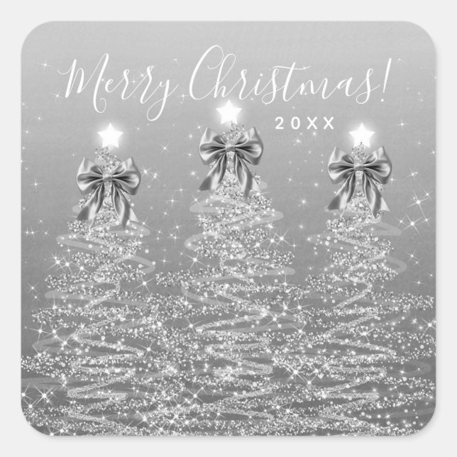Sticker Carré Elegant Holiday Silver Christmas Trees w/ Bows (Devant)