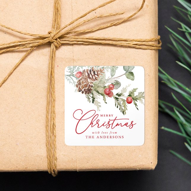 Sticker Carré Elegant Holly Berries et Pine Cones Noël (Créateur téléchargé)