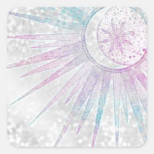 Sticker Carré Elegant Iridescent Sun Moon Mandala Silver Design