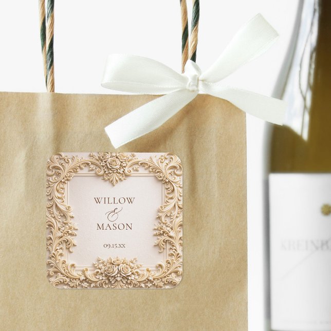 Sticker Carré Elegant Ivory Floral Scroll Wedding  (Elegant Ivory Floral Scroll Wedding Square Sticker)