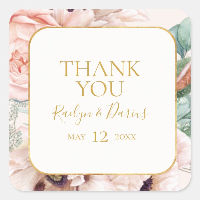 Sticker Carré Elégant Jardin Floral Blush Pastel Merci Favoriser (Devant)