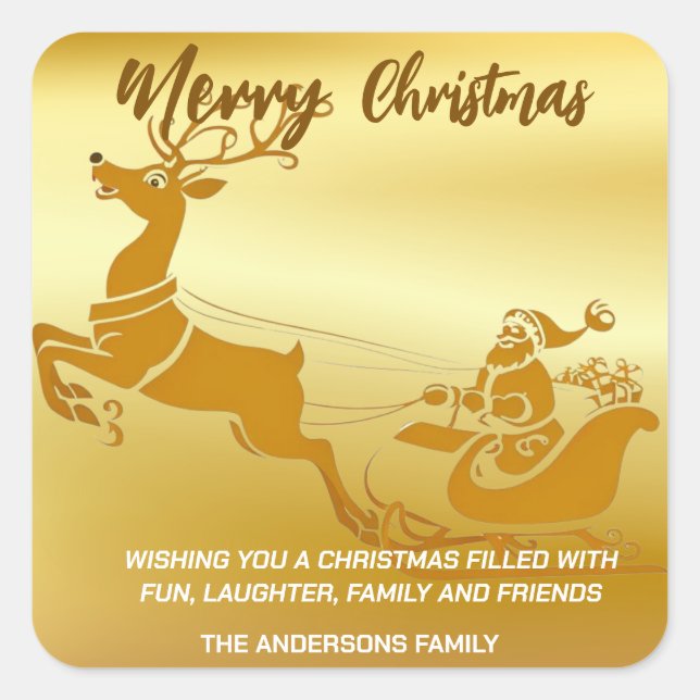 Sticker Carré Élégant Joyeux Noël Gold père Noël Sled xmas (Devant)