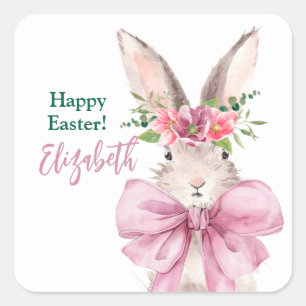Sticker Carré Élégant lapin arc rose Joyeux lapin pâque