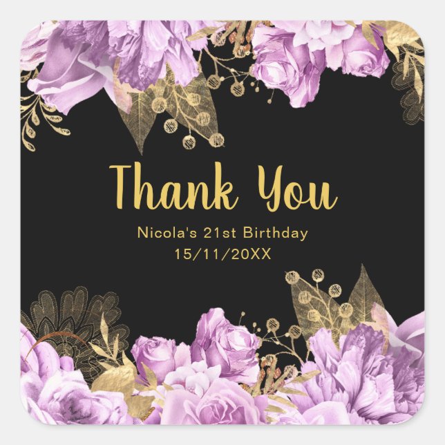 Sticker Carré Elegant Lilac and Gold Flowers Birthday Party (Devant)
