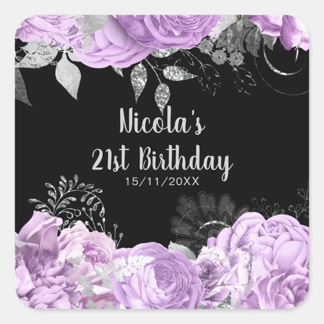 Sticker Carré Elegant Lilac and Silver Flowers Birthday Party (Devant)