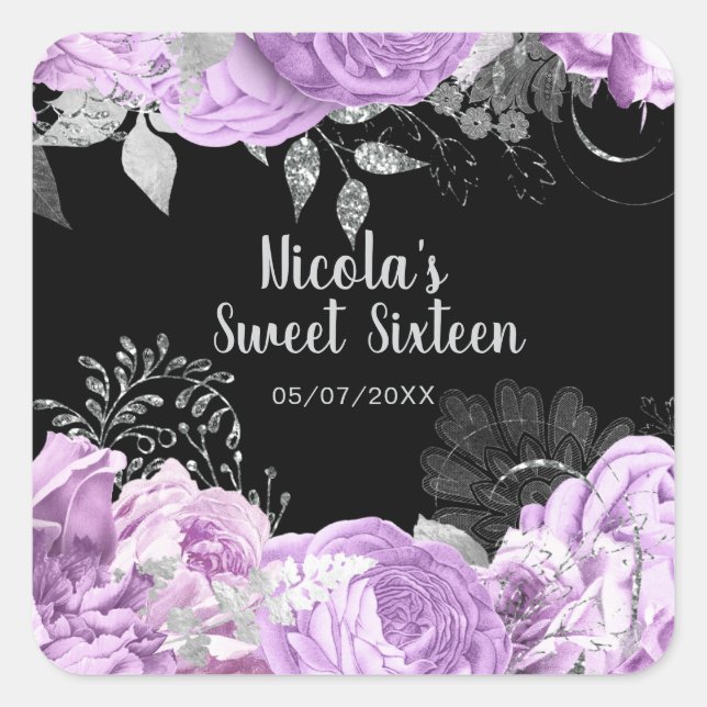 Sticker Carré Elegant Lilac and Silver Flowers Sweet Sixteen (Devant)