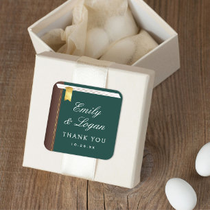 Sticker Carré Élégant Livre Vintage Faveur de Mariage Vert Foncé