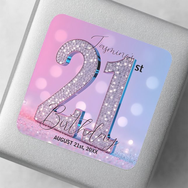 Sticker Carré Élégant Luxueux Anniversaire 21 Ans Diamants Roses (Créateur téléchargé)