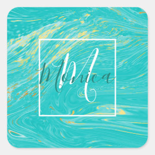 Sticker Carré Elégant Marbre Luxe or bleu monogramme design