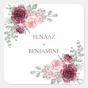 Sticker Carré Élégant mariage aquarelle bordeaux et rose
