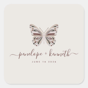 Sticker Carré Élégant Mariage Boho Butterfly Bourgogne Taupe