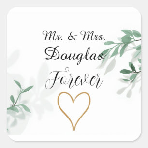 Sticker Carré Élégant Mariage Botanique Monsieur & Madame
