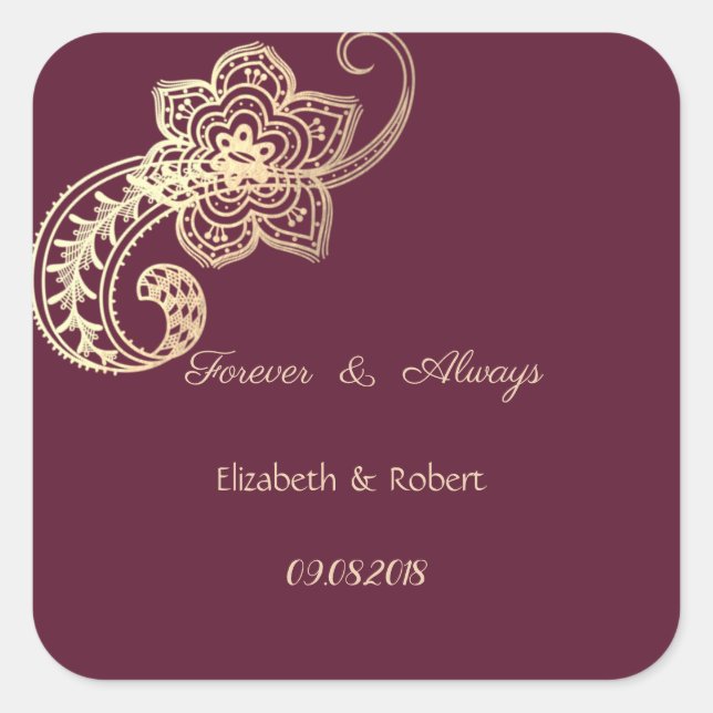 Sticker Carré Élégant Mariage Chic Gold Paisley (Devant)