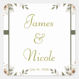 Sticker Carré Élégant mariage de coin floral vert olive et blanc