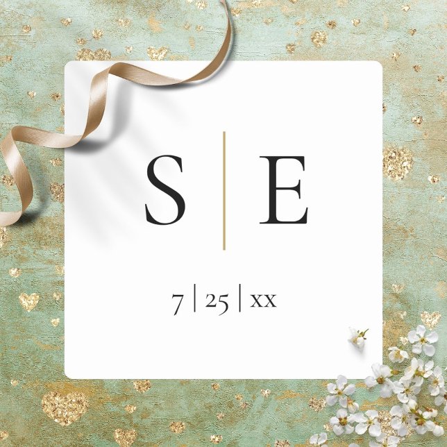 Sticker Carré Élégant Mariage de Monogramme Noir Or (Elegant Gold Black Monogram Wedding Square Sticker)