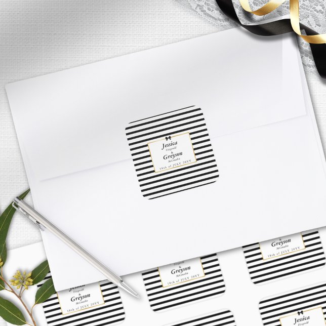 Sticker Carré Élégant Mariage de trame en or noir blanc (Créateur téléchargé)