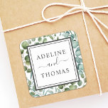 Sticker Carré Élégant Mariage de verdure géométrique Monogramme<br><div class="desc">Les collants élégants de faveur de mariage sont conçus avec un style biologique moderne, combinant un cadre carré géométrique avec un feuillage vert botanique et une belle typographie. L'aquarelle verte comprend des branches d'eucalyptus, d'eucalyptus feuille et d'argent, dans des tons doux et verdoyants de menthe, de vert, d'olive et de...</div>