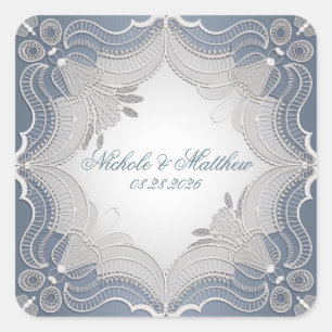 Sticker Carré Élégant Mariage En Dentelle Sur Bleu Gradient