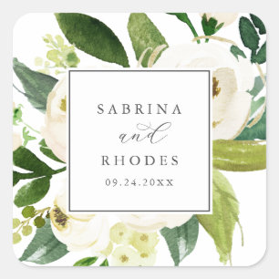 Sticker Carré Elégant Mariage floral blanc