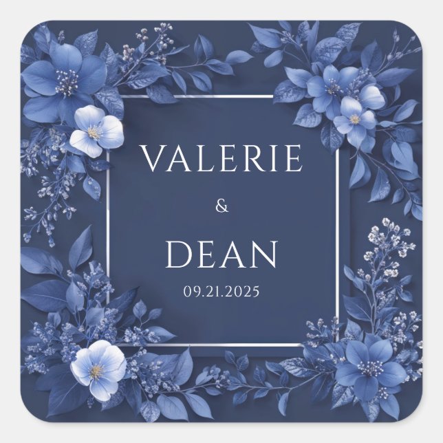 Sticker Carré Elégant Mariage floral bleu marine (Devant)