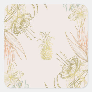 Sticker Carré Élégant Mariage Floral Botanique Tropical Feuilles
