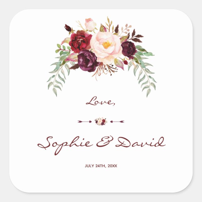 Sticker Carré Élégant Mariage floral de la marsala rouge bordeau (Devant)
